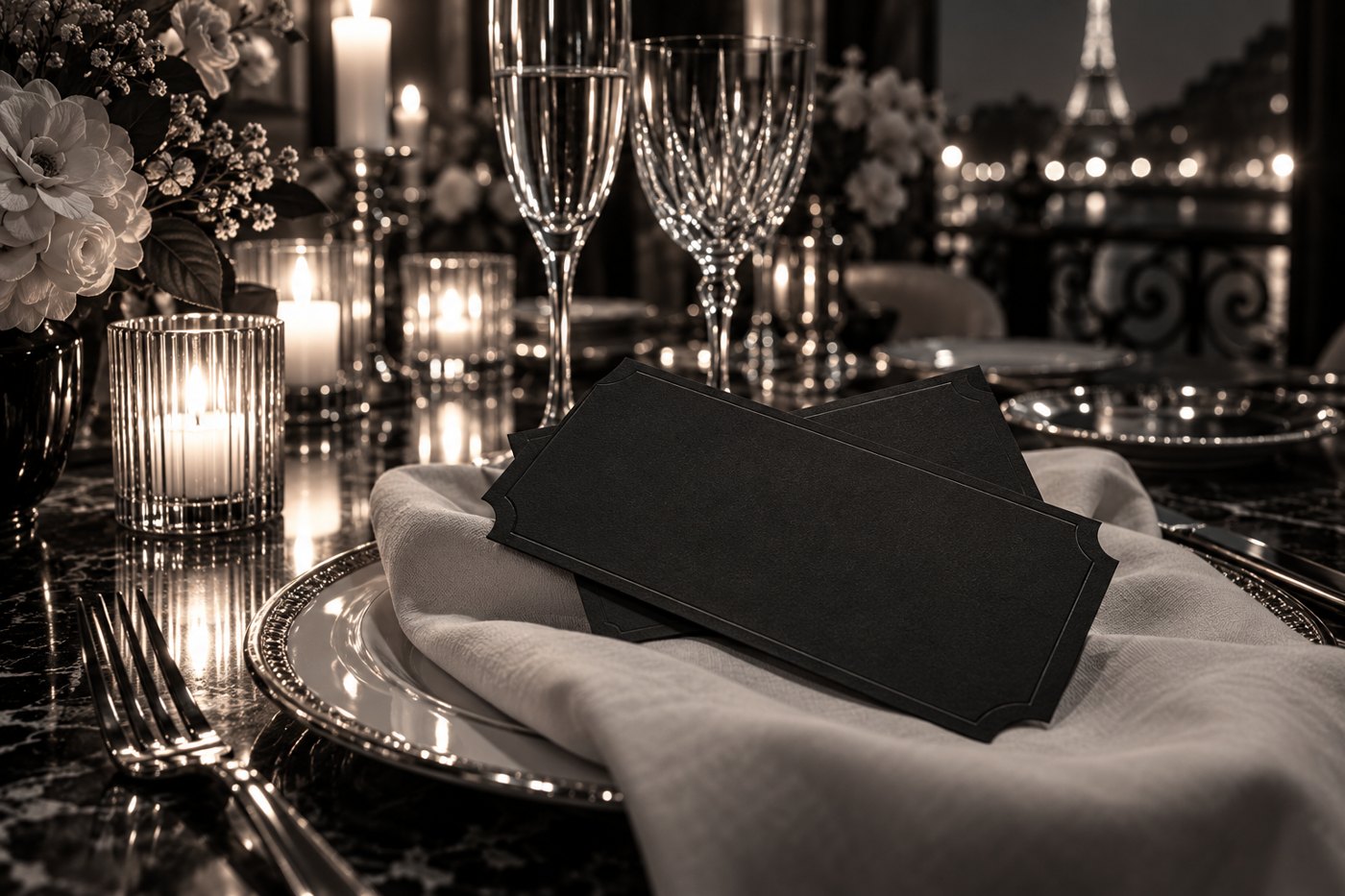 Billets d’invitation noirs sur une table dressée