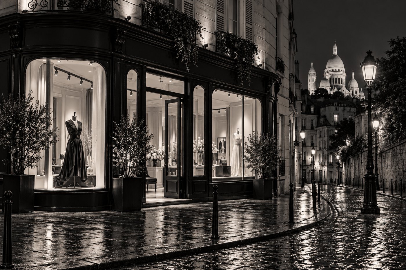 Vitrine parisienne de nuit, évocation de la future boutique